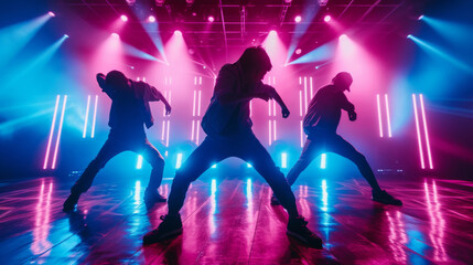 Dynamic silhouette of dancers or boys band performing on stage with striking neon lights creating a modern and energetic atmosphere. Creative fashionable neon color. capturing energy of nightlife.