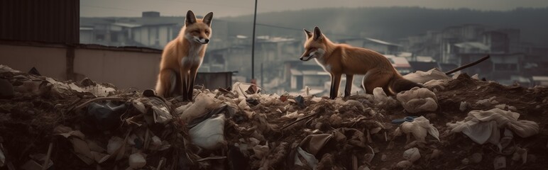 two red foxes rummaging through a mountain of garbage  - obrazy, fototapety, plakaty