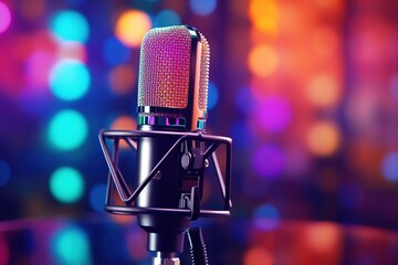 studio microphone in neon lights. sound recording equipment on bokeh background. Podcast,recording...