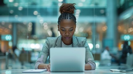 African American stylish creative businesswoman using digital technology laptop meeting with clients before go abroad, entrepreneur female business corporate busy night traveling in airport terminal