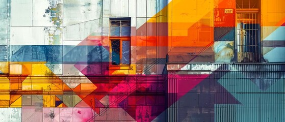 Geometric Urban Life, Abstract Cityscape, A vibrant and abstract interpretation of urban life through geometric shapes and patterns, Geometric Cityscape Artistic Expression.