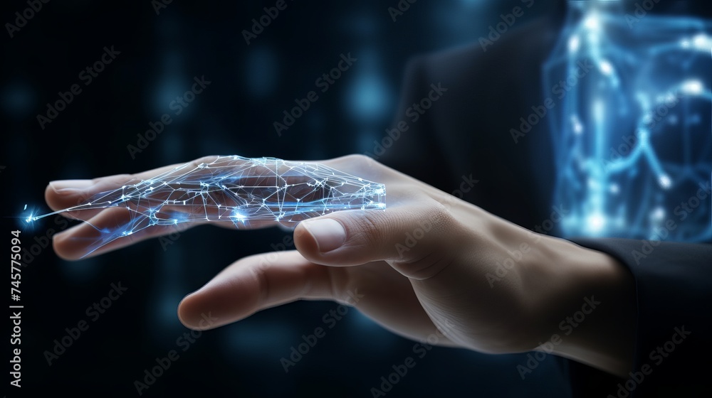 Poster hands of robot and human touching on dna connecting in virtual interface on future, science and inno