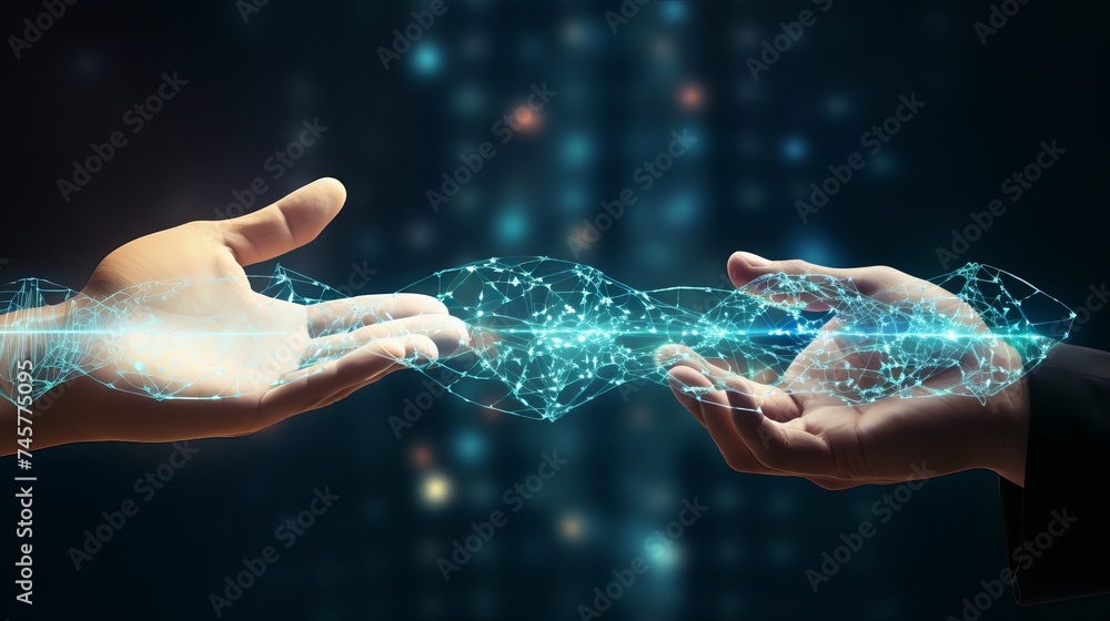 Poster hands of robot and human touching on dna connecting in virtual interface on future, science and inno