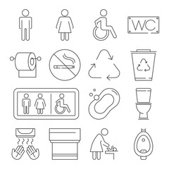 Toilet icons set vector isolated. Collection of symbols for public restroom. Female and male sign, pictogram of equipment in WC.