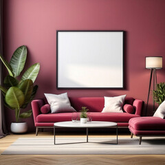 Square wall art frame mockup in living room interior, modern style, sofa and wooden parquet floor