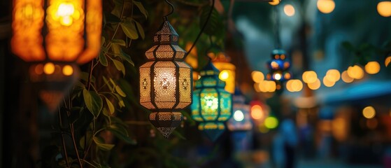 Illuminated Garland with Islamic lanterns on festive blurred backdrop. Moroccan lanterns at night. Glittering party garlands. Ramadan kareem, Eid Mubarak. Eastern holiday design