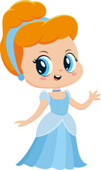 Cute Little Princess Girl Cartoon Character Waving For Greeting. Vector Illustration Flat Design Isolated On Transparent Background