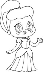 Outlined Cute Little Princess Girl Cartoon Character Waving For Greeting. Vector Hand Drawn Illustration Isolated On Transparent Background