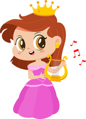 Cute Little Princess Girl Cartoon Character Sing A Song With Harp. Vector Illustration Flat Design Isolated On Transparent Background
