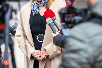 Press conference, media scrum or news event. Public relations concept.