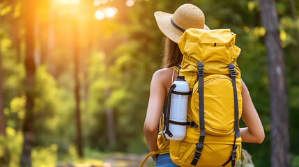 A woman wearing a sunhat and yellow backpack embarks on a trek in a sun-drenched forest, capturing the essence of summer adventures.
 - Powered by Adobe