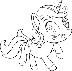 Outlined Cute Little Unicorn Cartoon Character. Vector Hand Drawn Illustration Isolated On Transparent Background