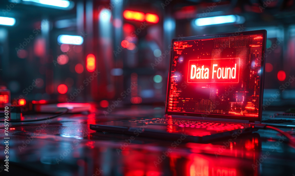 Poster illuminated laptop screen displaying data found with a vibrant red binary code background in a dimly
