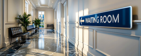Obraz premium Blue WAITING ROOM arrow sign indicating direction to a waiting area, possibly in a medical or corporate office setting, against a white background
