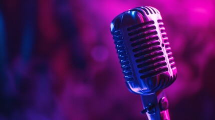 A classic vintage microphone under neon blue and purple lights, highlighting its detailed design and technology.
