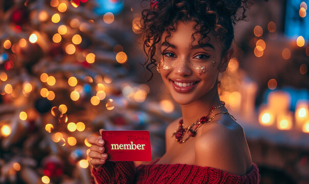 Young woman happily displaying a member card, with twinkling lights in the background, representing membership, community, and belonging
