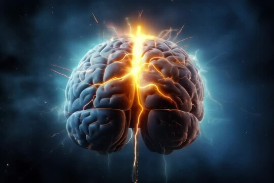 Human brain with lightning, psychological pressure and stress, migraine headache attack, mind with burn out or trauma