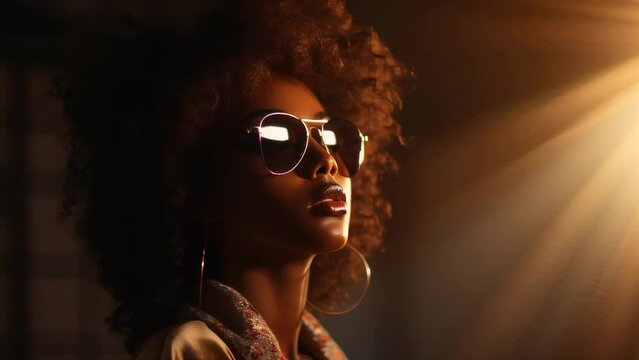 African woman wear sun glasses standing in front of her face with a light in the dark background