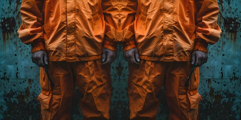 Inmates in Orange Jumpsuits Standing in a Correctional Facility. Concept Incarceration System, Prison Life, Criminal Justice, Life Behind Bars, Orange Jumpsuits - obrazy, fototapety, plakaty