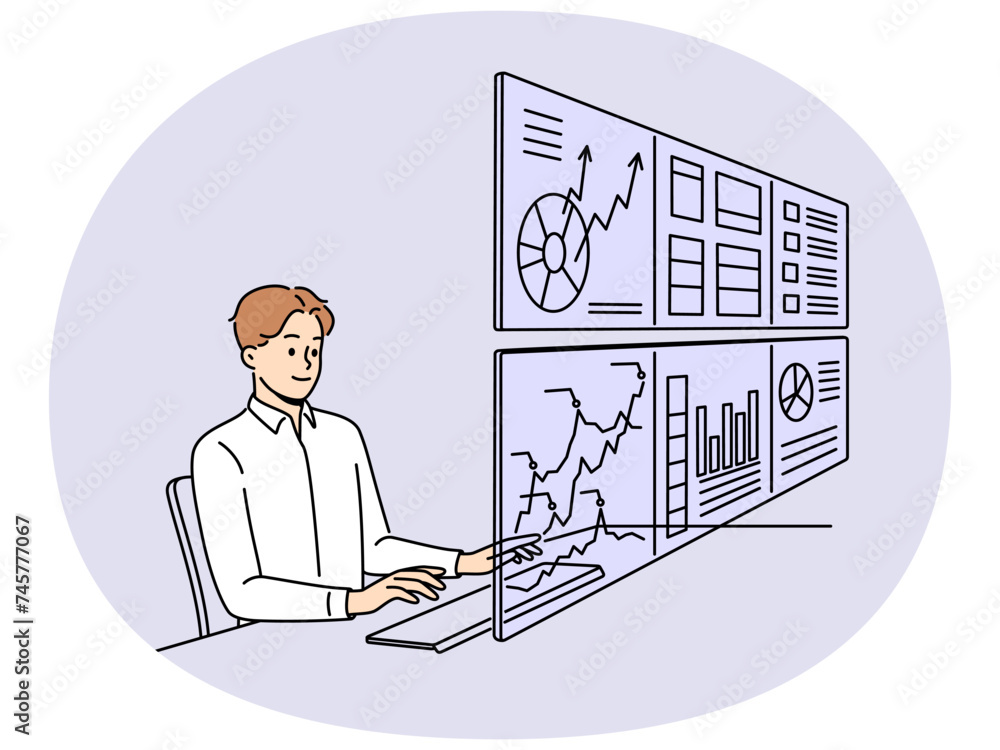 Poster man working on numerous computer monitors with financial graphs and diagrams. male employee busy wit