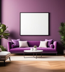 Square wall art frame mockup in living room interior, modern style, sofa and wooden parquet floor