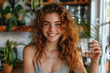 Portrait of beautiful woman holding glass of fresh water . ai generated