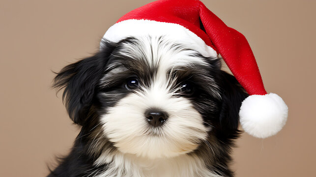 An adorable black and white Shih Tzu puppy dons a festive Santa Claus hat, giving a sweet and heartwarming expression.
