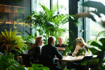Business leaders are engaged in a strategic team meeting in a modern green office environment, surrounded by lush indoor plants that contribute to a sustainable and eco-friendly workplace atmosphere. - obrazy, fototapety, plakaty