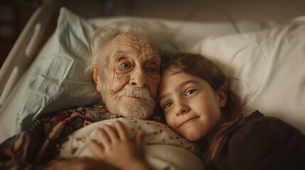 Young girl hugging her elderly grandfather in a hospital bed. Caring for the elderly