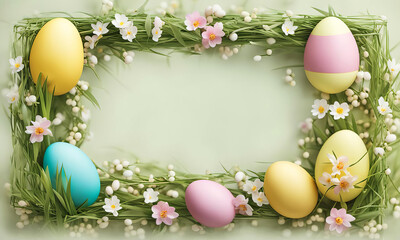 Fototapeta na wymiar Easter eggs and spring flowers border over green background with copy space