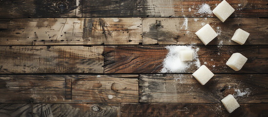 Pile of Sugar Cubes on Rustic Wooden Background