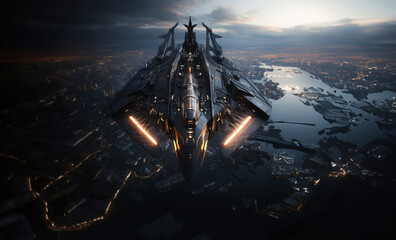 Advanced Stealth Aircraft Over Futuristic Cityscape, created with Generative AI technology