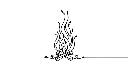 Bonfire in one continuous line art drawing style. Campfire black line sketch on white background. Vector illustration