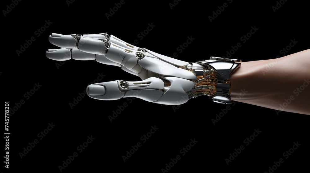 Poster robot hand making contact with human hand on dark background 3d rendering