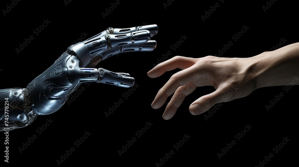 Poster robot hand making contact with human hand on dark background 3d rendering
