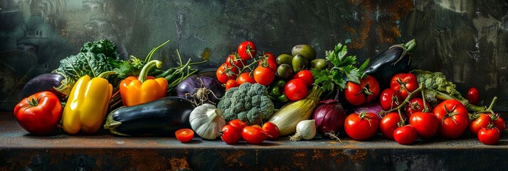 A vibrant still life featuring a colorful array of natural, locally sourced vegetables and fruits, including bell peppers, tomatoes, and superfoods, arranged on a table for a wholesome and nutritious
