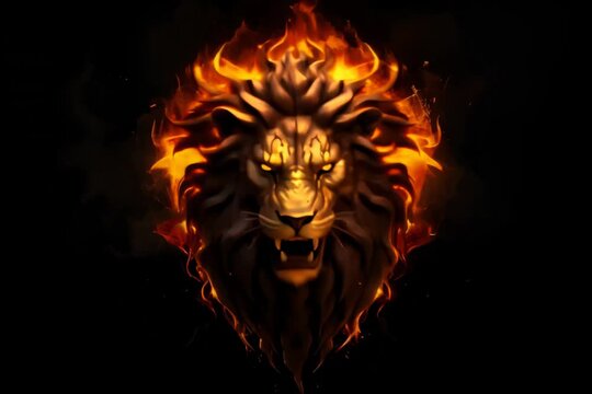creative golden burning lion king head black style with soft mane and dark background