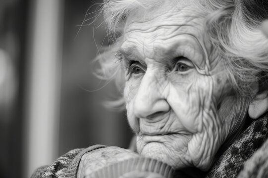 An old woman is sitting and looking straight out into the distance, in the style of gray and black, focus stacking, faded memories, World Elder Abuse Awareness Day.