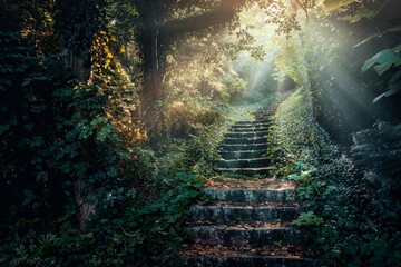 A winding stone staircase in the midst of a vibrant autumn forest, illuminated by the golden sunlight peeking through the trees