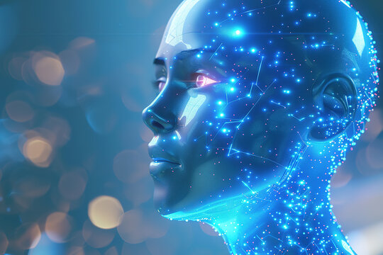The Human Brain Filled with Circuits Against a Blue Background - Illustrated Background of Artificial Intelligence Brain Computer Interface and Future Technology Concepts