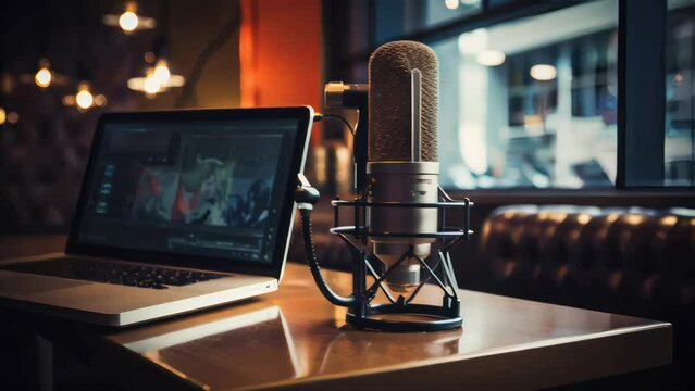 a close up of a microphone on a desk in a cozy modern podcast studio room with a laptop pc and other devices and gadgets
