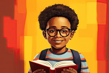 Adorable African little boy in glasses and a knitted sweater with a book and a backpack on an...