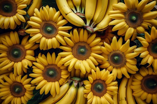 Yellow bananas and vibrant sunflowers add a touch of natural beauty to this display of fresh produce, including versatile cooking plantains and sweet saba bananas