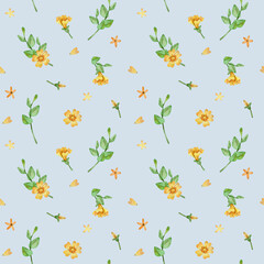 Watercolor seamless pattern with yellow flowers and leaves. Background for packing paper, decor, and textiles.