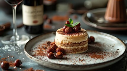Beautifully plated tiramisu with hazelnuts and a mint leaf topping, set against a backdrop of a wine glass and bottle - obrazy, fototapety, plakaty