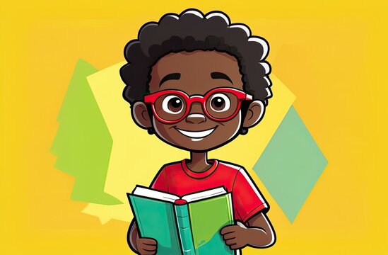 Adorable African little boy in glasses with a book and a backpack on a green bright background. Back to school.