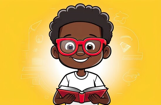 Adorable African little boy in glasses with a book and a backpack on a plain background. Back to School
