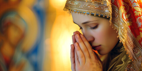 The praying Mary depicted in Byzantine style. AI generative. - obrazy, fototapety, plakaty