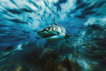tiger shark in the sea with lots of sharks and other 