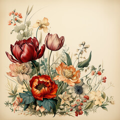 Vintage floral greeting cards. of flowers, orchid, tulip, frame, wild flowers, plants and leaves on vintage paper for background, AI generative. - 745780611
